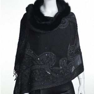 Mitchie’s NWT Real Black Fox Fur Trim Shawl Wrap
